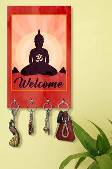 hook keychain holder wall mount hanger organizer Decorative Buddha Welcome And Om (MDF7.5X12 InchMulti)P053