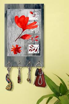 hook keychain holder wall mount hanger organizer Red Flower Printed