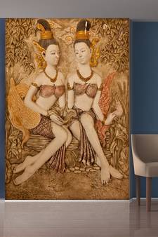 Golden Leaves and Tow Sitting Girls Mural Wallpaper