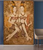 Golden Leaves and Tow Sitting Girls Mural Wallpaper