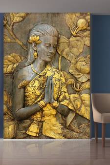 Golden Flowers and Praying Hands Sitting Lady Mural Wallpaper