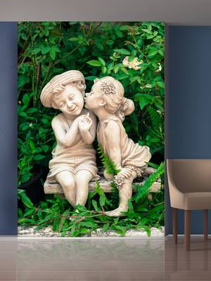 Green Leaves and Playing Childrens Mural Wallpaper 1