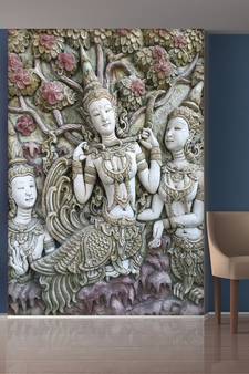 Violet Flowers and Sitting Statue Mural Wallpaper