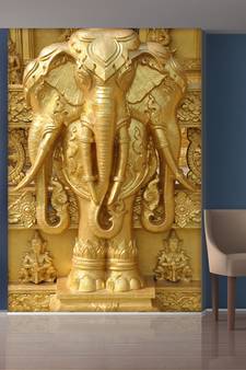 Golden Flowers and Elephant Mural Wallpaper