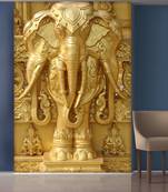 Golden Flowers and Elephant Mural Wallpaper