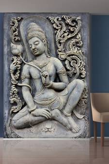 Golden Flowers and Sitting Statue Mural Wallpaper