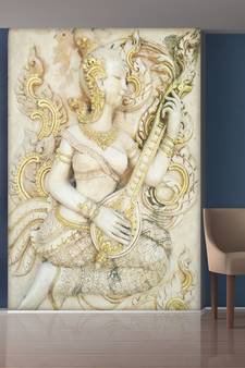 White Flowers and Lady palying The Sitar Wallpaper
