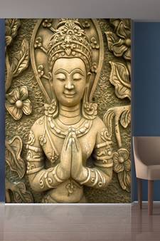 Golden Flowers and Praying Hands Statue Mural Wallpaper