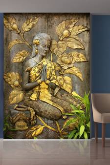 Golden Flowers and Praying Hands Sitting Lady Mural Wallpaper