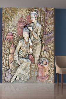 Green Forest and Sitting Ladys Mural Wallpaper