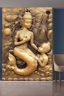 Golden Mermaid and Child Mural Wallpaper