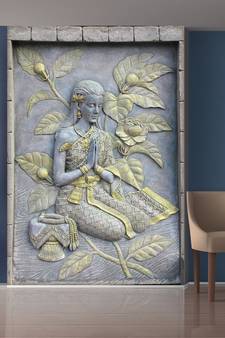 Golden Flowers and Sitting Lady Statue Mural Wallpaper