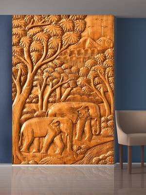 Golden Trees and Elephant Mural Wallpaper 1