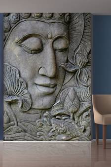 Grey Flowers and Buddha face Mural Wallpaper