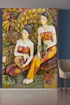 Yellow Peacock and Sitting Two Ladys murals Wallpaper