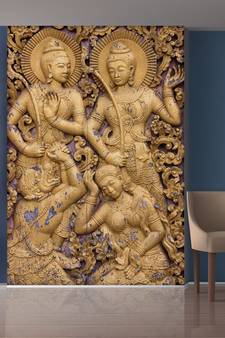 Golden Flowers and Ladys Mural Wallpaper