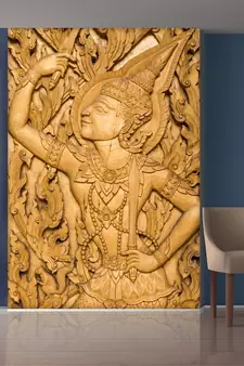 Golden Leaves and Man Statue Mural Wallpaper