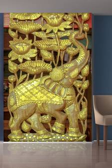 Golden Flowers and Elephant Mural Wallpaper
