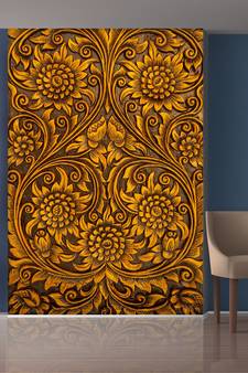Golden Flowers and Leaves Mural Wallpaper