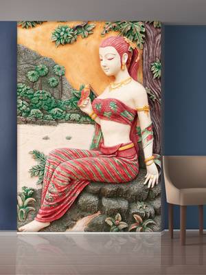 Green Trees and Sitting Lady Mural Wallpaper 1