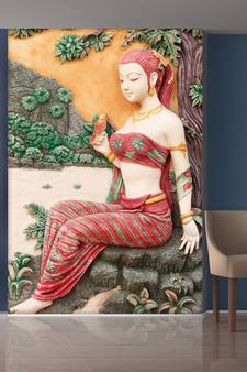 Green Trees and Sitting Lady Mural Wallpaper