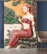 Green Trees and Sitting Lady Mural Wallpaper