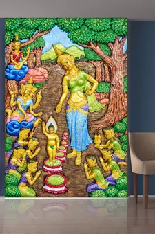 Green Trees and People Doing Worship Mural Wallpaper