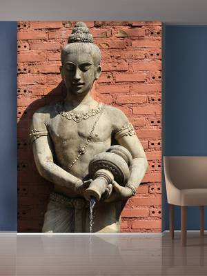 red Bricks and Grey Lady Standing with Water poat Mural Wallpaper 1