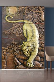 Brown Tree and Golden Angry Tiger Mural Wallpaper