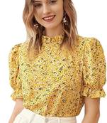 Yellow printed polyester crop-tops