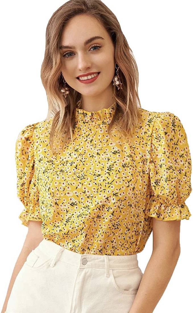 Yellow printed polyester crop-tops
