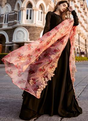 Black Faux Blooming Gown With Organza Dupatta 3