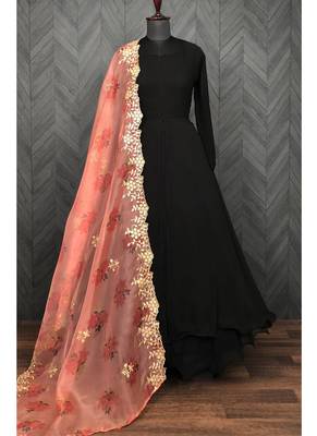 Black Faux Blooming Gown With Organza Dupatta 5