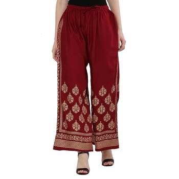 Women Maroon Solid Relaxed Gold Print Palazzo Pants with Elastic Drawstring (Free Size) 1