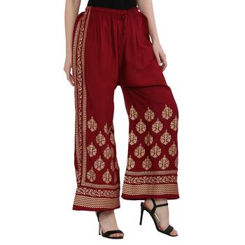Women Maroon Solid Relaxed Gold Print Palazzo Pants with Elastic Drawstring (Free Size) 2