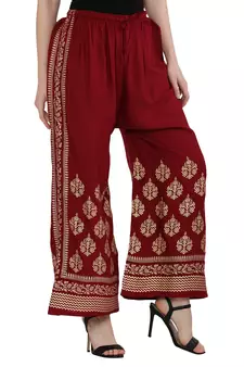 Women Maroon Solid Relaxed Gold Print Palazzo Pants with Elastic Drawstring (Free Size)