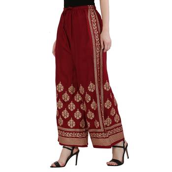 Women Maroon Solid Relaxed Gold Print Palazzo Pants with Elastic Drawstring (Free Size) 3