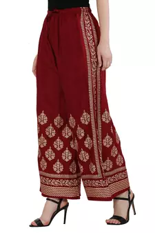 Women Maroon Solid Relaxed Gold Print Palazzo Pants with Elastic Drawstring (Free Size)