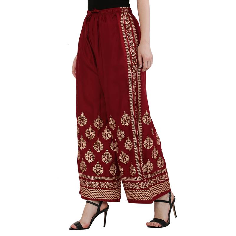 Women Maroon Solid Relaxed Gold Print Palazzo Pants with Elastic Drawstring (Free Size)