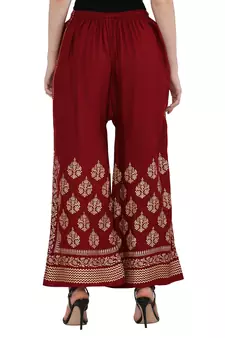 Women Maroon Solid Relaxed Gold Print Palazzo Pants with Elastic Drawstring (Free Size)