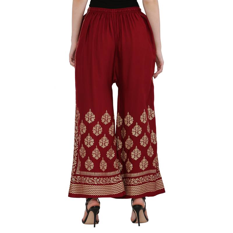 Women Maroon Solid Relaxed Gold Print Palazzo Pants with Elastic Drawstring (Free Size)