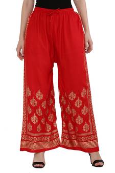 Women Red Solid Relaxed Gold Print Palazzo Pants with Elastic Drawstring (Free Size)