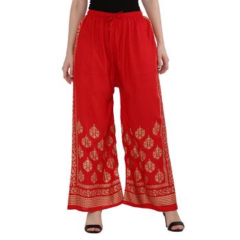Women Red Solid Relaxed Gold Print Palazzo Pants with Elastic Drawstring (Free Size) 1