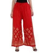 Women Red Solid Relaxed Gold Print Palazzo Pants with Elastic Drawstring (Free Size)