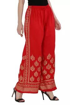 Women Red Solid Relaxed Gold Print Palazzo Pants with Elastic Drawstring (Free Size)