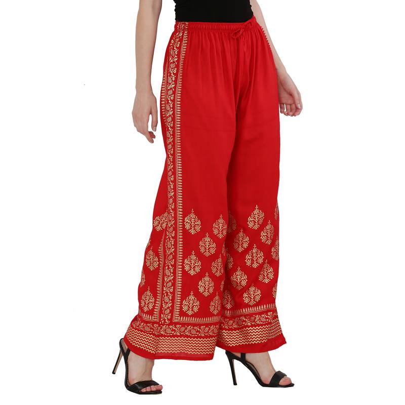 Women Red Solid Relaxed Gold Print Palazzo Pants with Elastic Drawstring (Free Size)