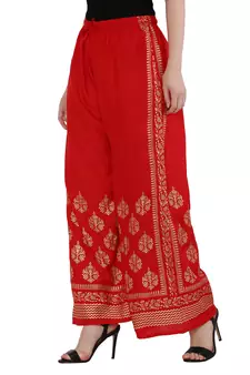 Women Red Solid Relaxed Gold Print Palazzo Pants with Elastic Drawstring (Free Size)