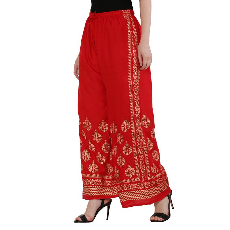 Women Red Solid Relaxed Gold Print Palazzo Pants with Elastic Drawstring (Free Size)