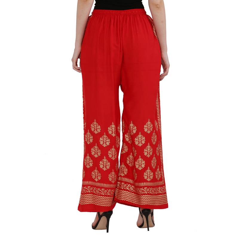 Women Red Solid Relaxed Gold Print Palazzo Pants with Elastic Drawstring (Free Size)