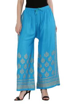 Women Sky Blue Solid Relaxed Gold Print Palazzo Pants with Elastic Drawstring (Free Size)